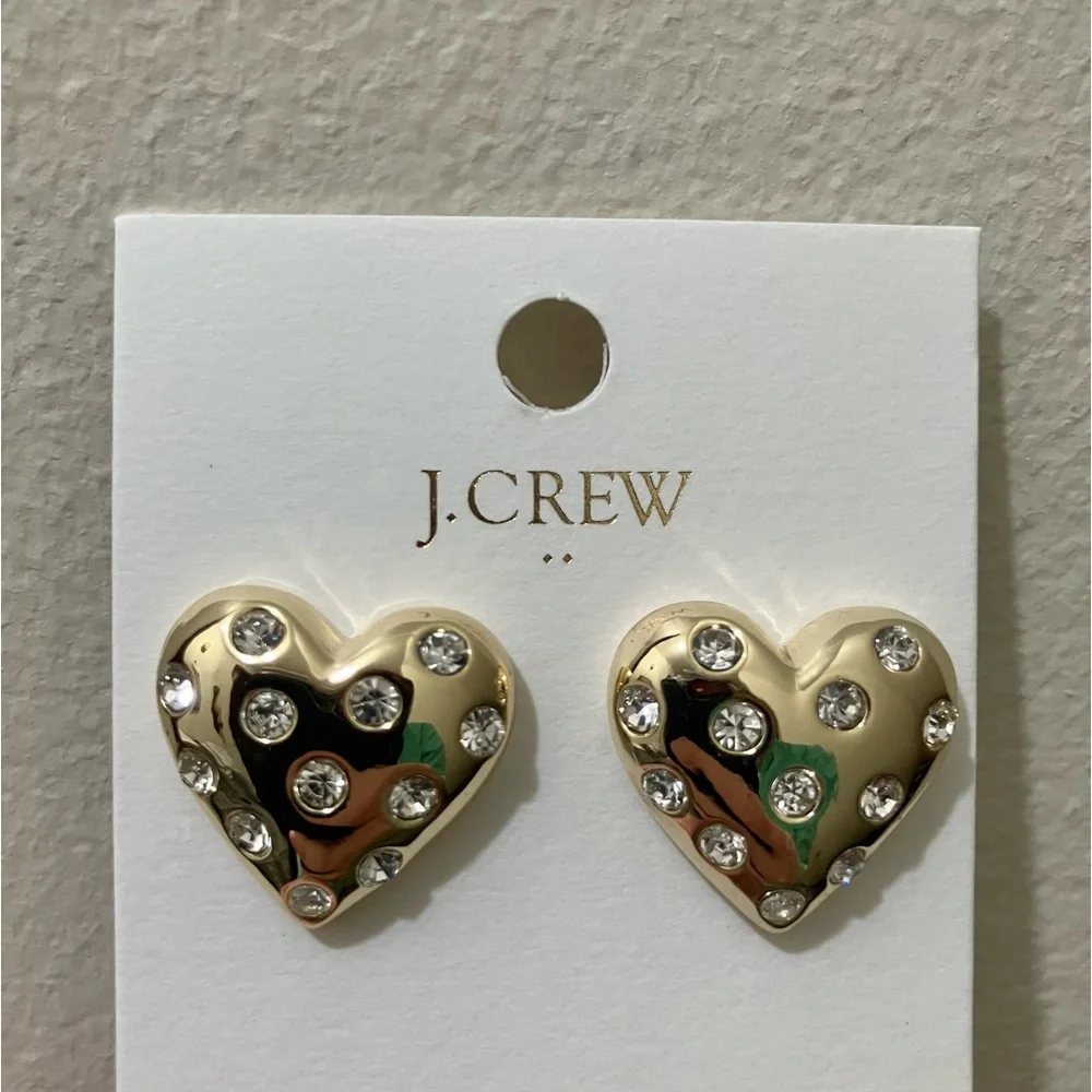 NWT J. Crew Pavé Puffy Heart Bauble Earrings Preppy Pave Crystal Gold Factory OS